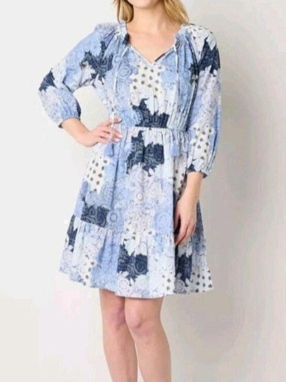 Frye & Co Blue Floral Patchwork Print A-Line Dress English Manor Combo Large NWT
